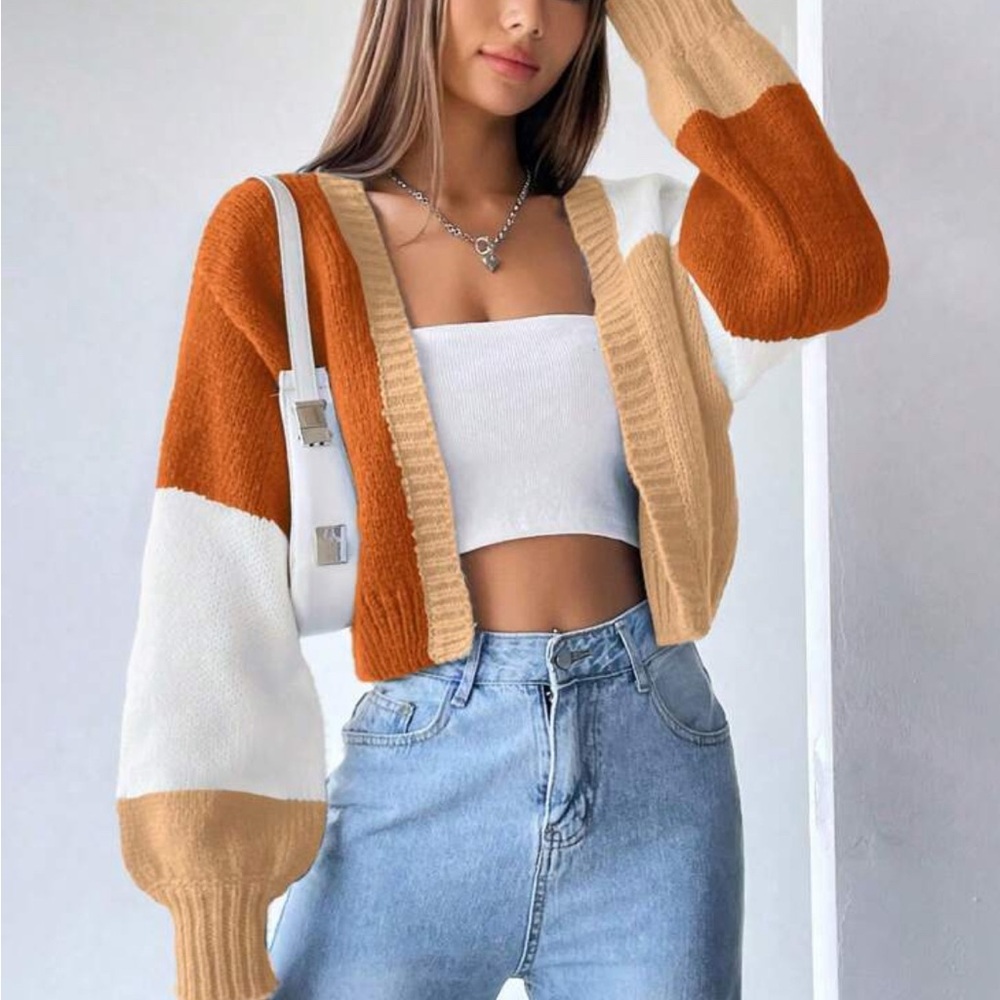 Shein Colorblock Cardigan Sweater - Orange, White, Tan